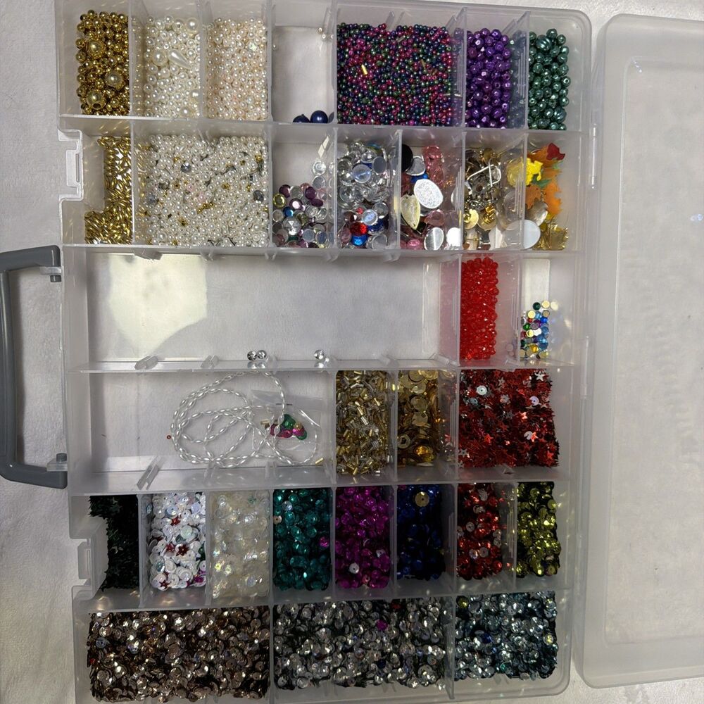 Large Mixed Craft Lot Beads Sequins Faux Pearls Jewelry Findings Organizer Box